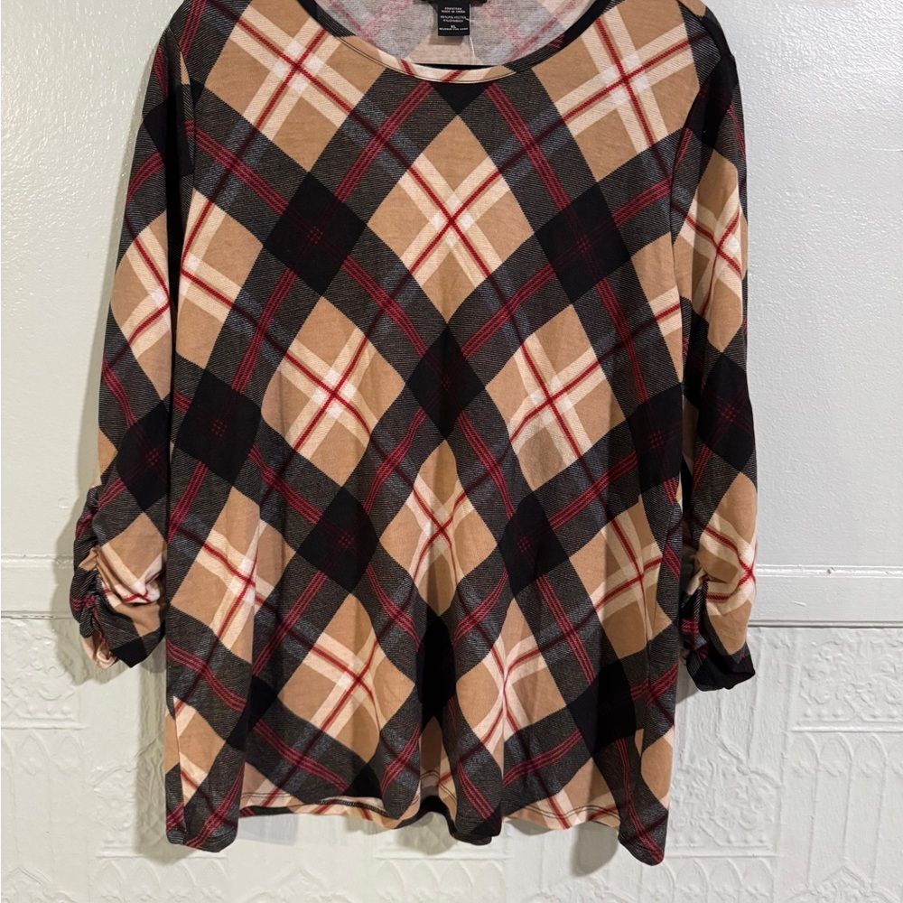 Robert Louis Plaid Long Sleeve Top in Tan, Black & Red
